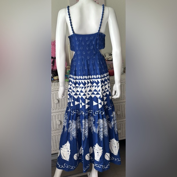 Farm Rio Ondina Linen blend Midi Dress with Cutout Waist in Blue & White Size M - Picture 7 of 13